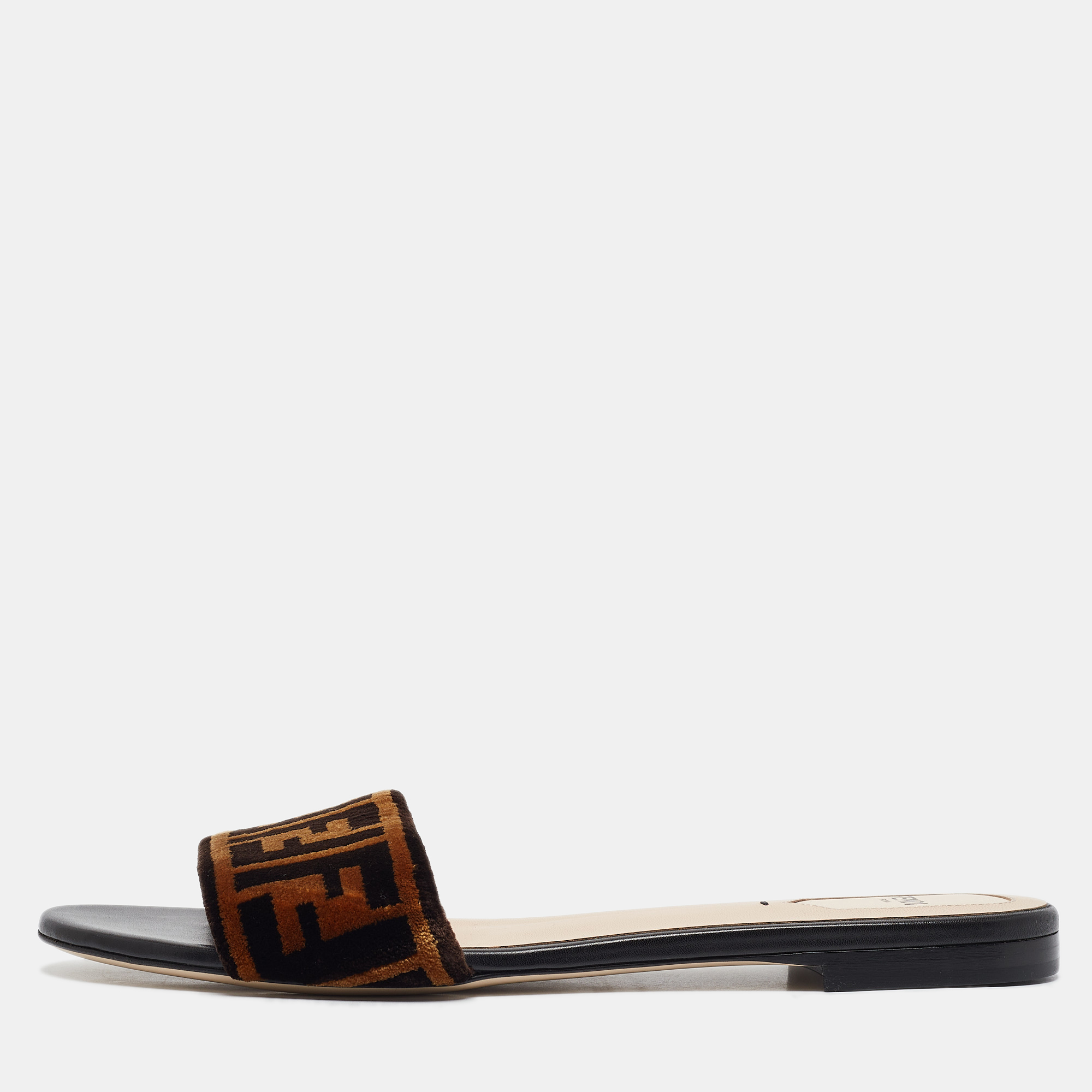 

Fendi Brown Zucca Velvet Flat Slides Size