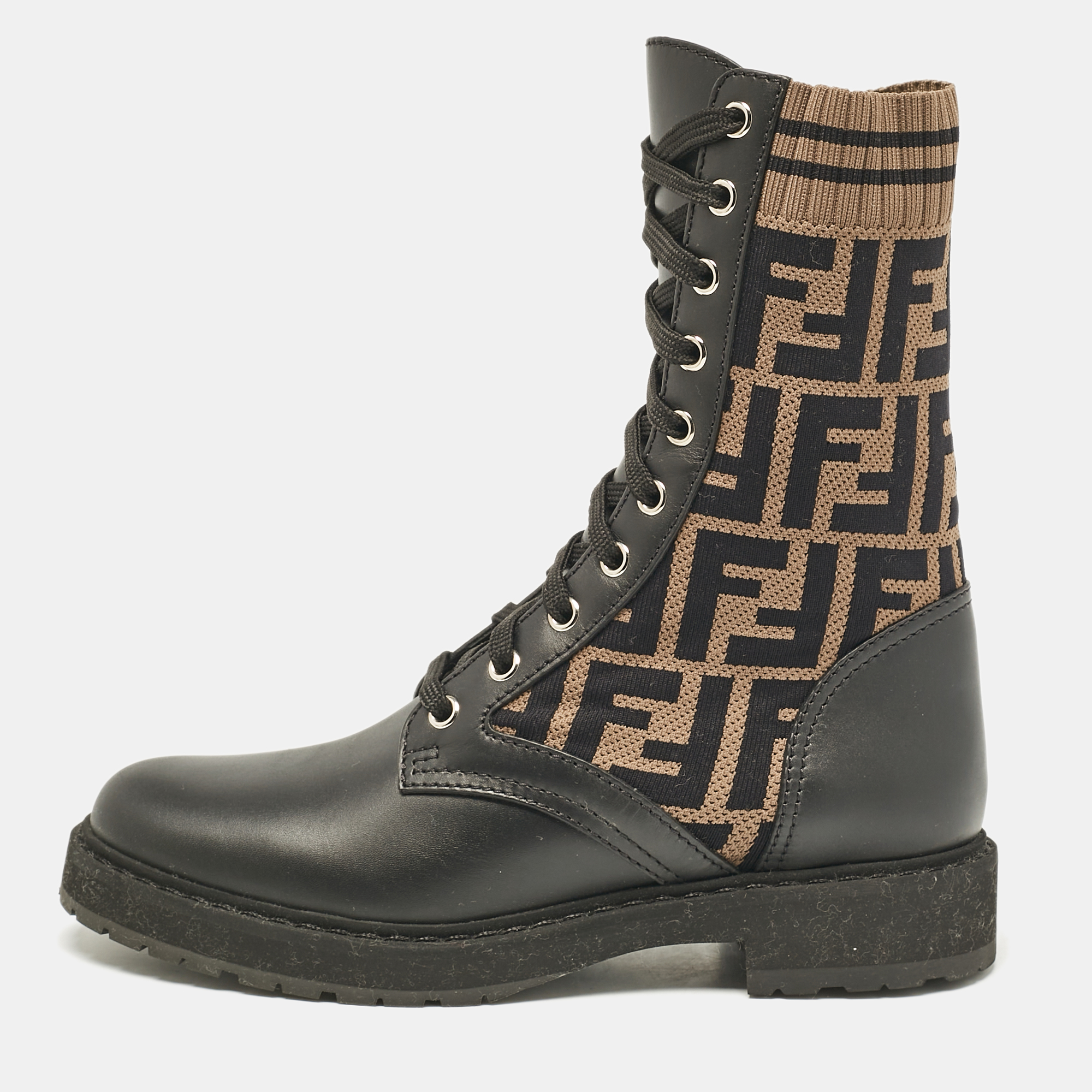 

Fendi Black/Brown Canvas and Leather Rockoko Combat Boots Size