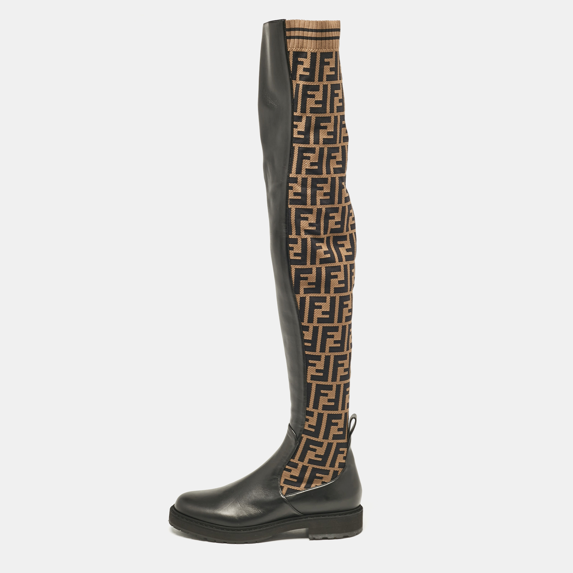 

Fendi Brown/Black Canvas and Leather Over The Knee Boots Size