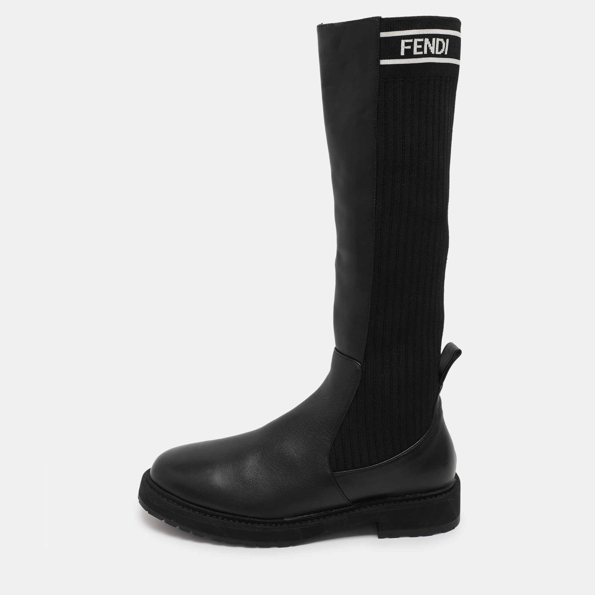 

Fendi Black Leather and Stretch Fabric Logo Rockoko Calf Length Boots Size 40