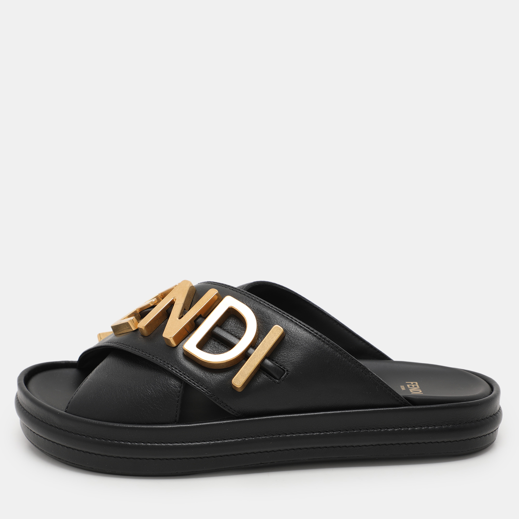 

Fendi Black Leather Fendigraphy Flat Slide Sandals Size