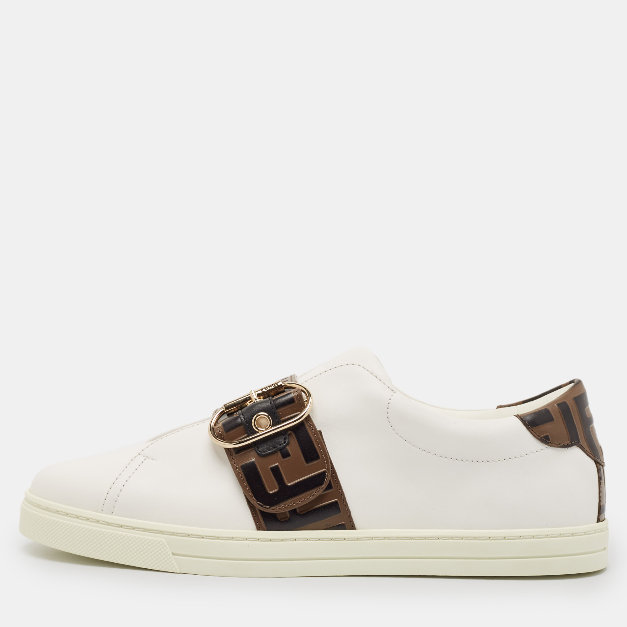 

Fendi White/Brown Leather FF Buckle Low Top Sneakers Size