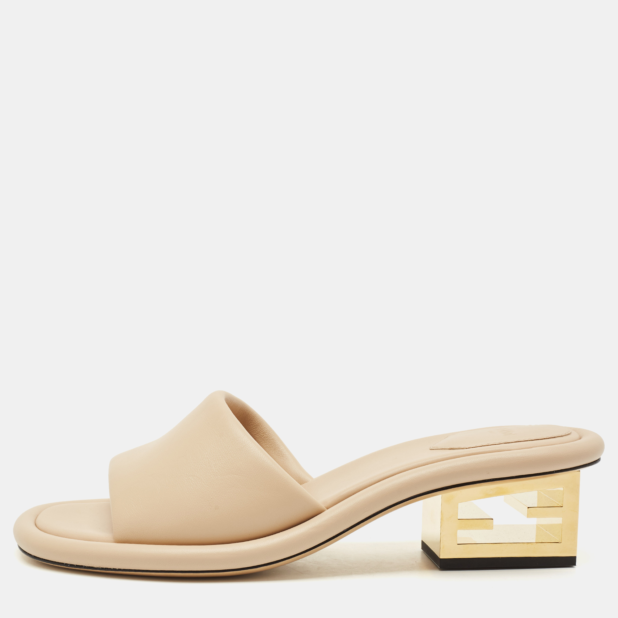 

Fendi Beige Leather FF Baguette Heel Slide Sandals Size
