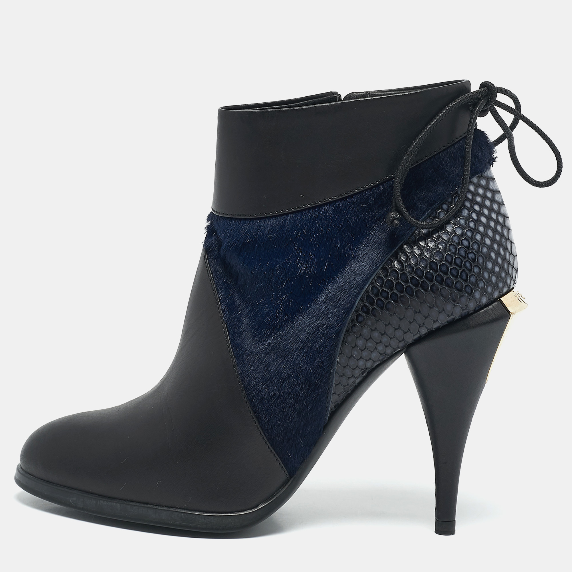 

Fendi Black/Blue Leather and Calf Hair Ankle Booties Size