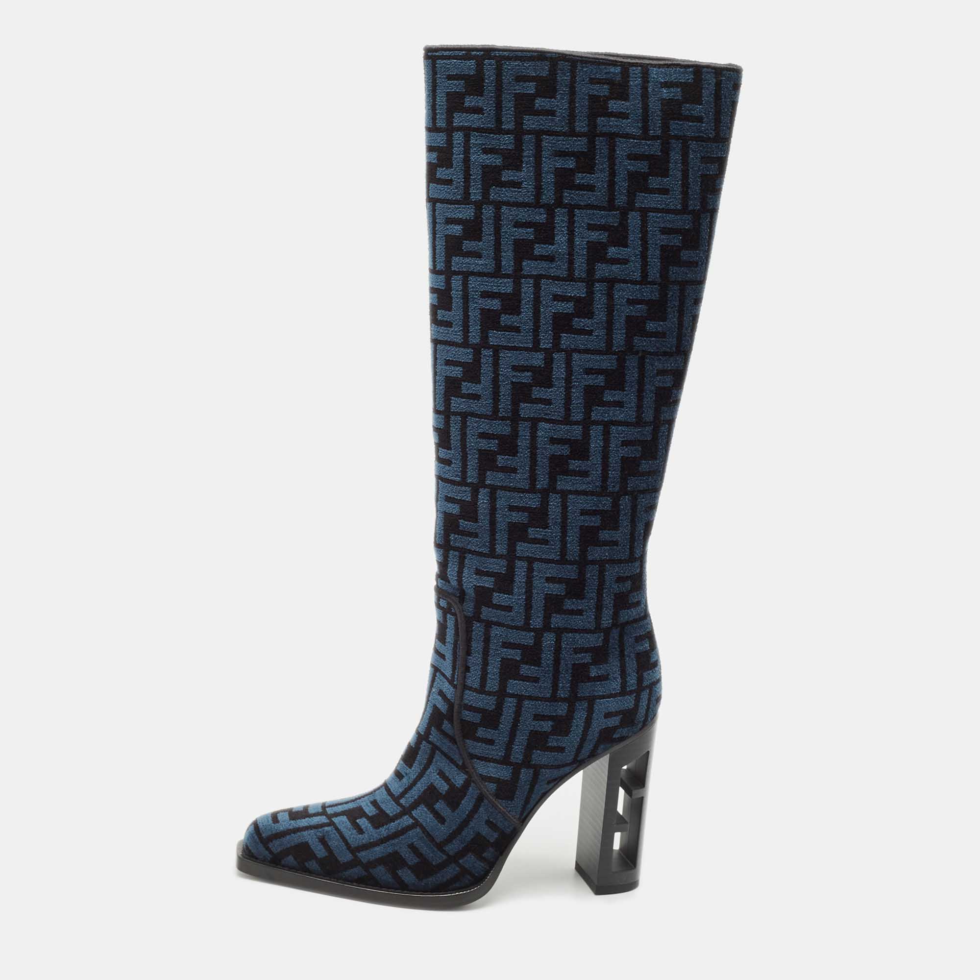 

Fendi Blue/Black FF Chenille Jacquard Knee Length Boots Size