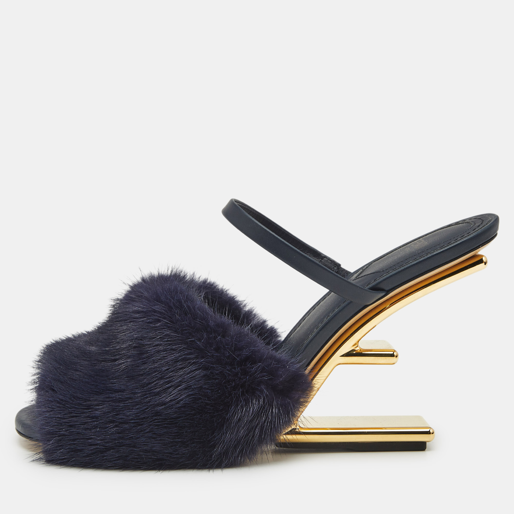 

Fendi Navy Blue Mink Fur and Leather Fendi First Slide Sandals Size