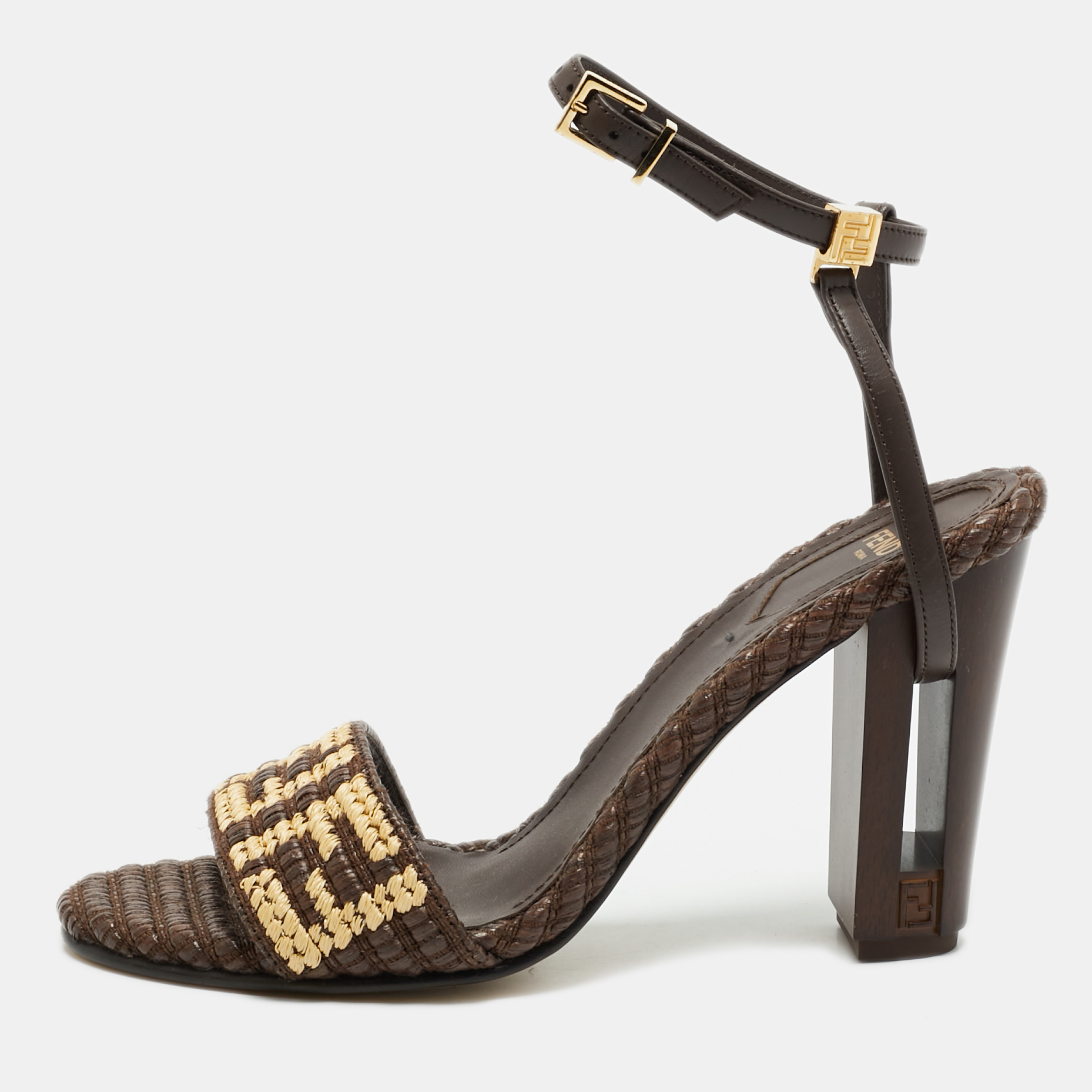 

Fendi Brown/Beige Zucca Raffia and Leather Delfina Sandals Size