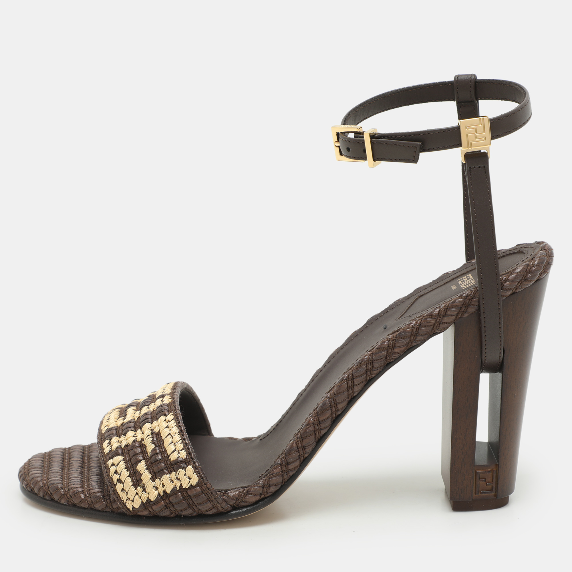 

Fendi Brown/Beige Zucca Raffia and Leather Delfina Sandals Size 40