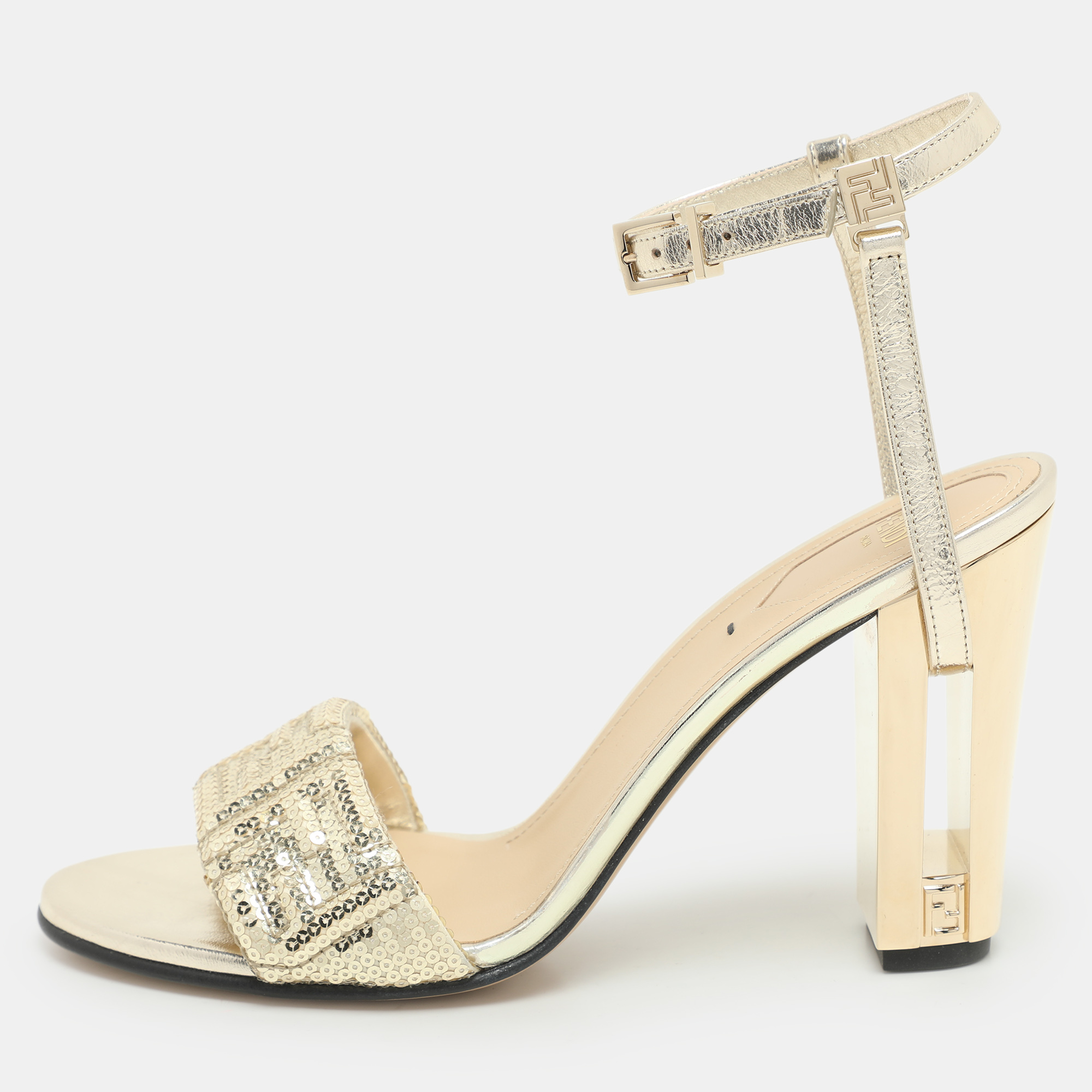 

Fendi Gold Leather and Sequins Delfina Ankle Strap Sandals Size