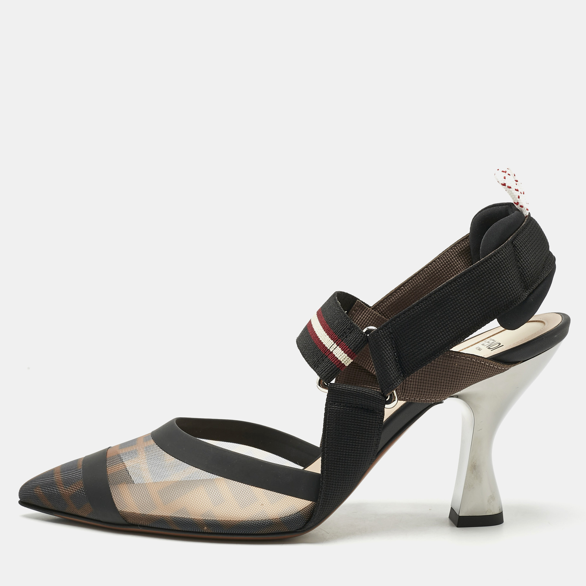 

Fendi Black/Brown Zucca Mesh and Canvas Colibri Slingback Pumps Size
