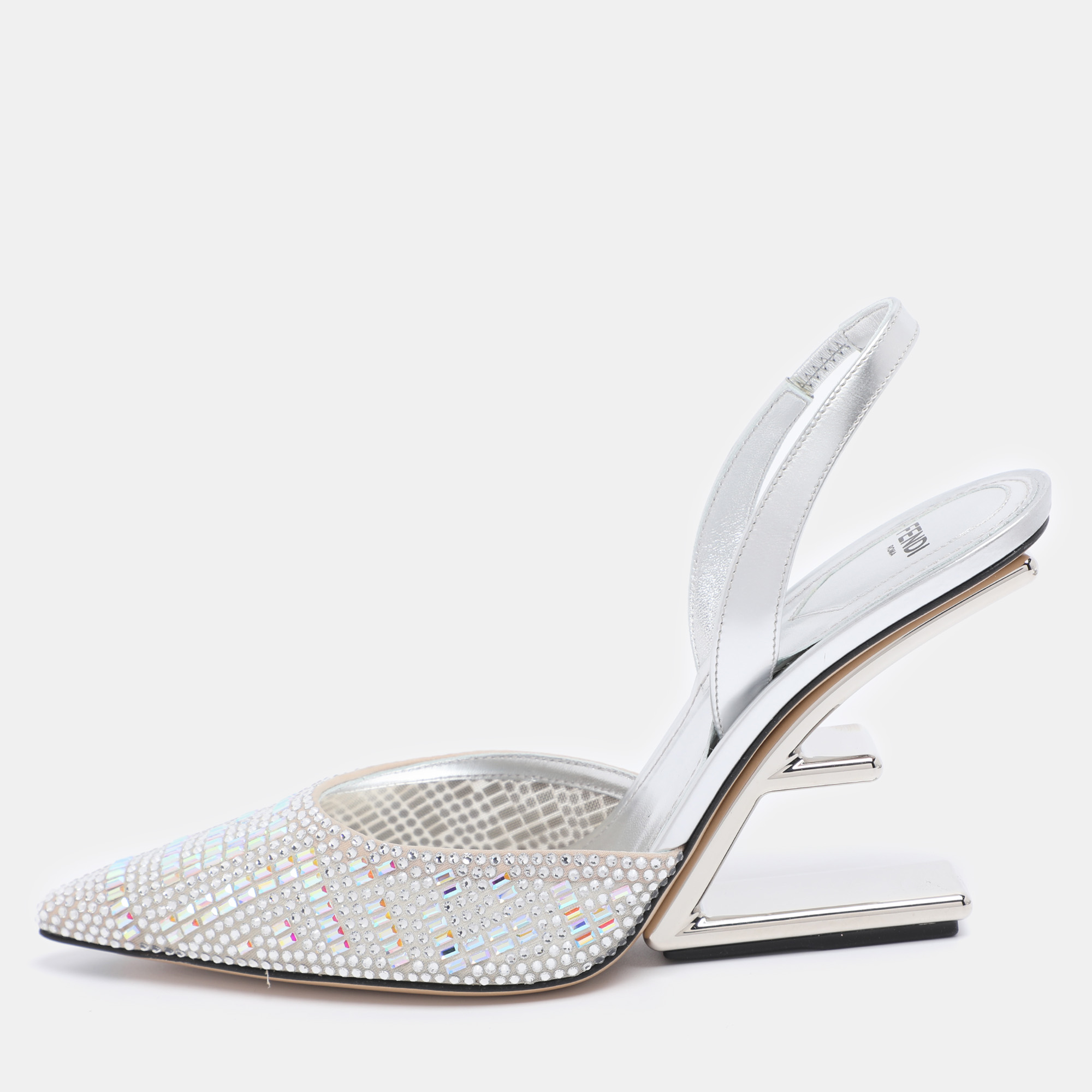 Pre-owned Fendi First Crystal Embellished Slingback Sandals Size 40 In Silver