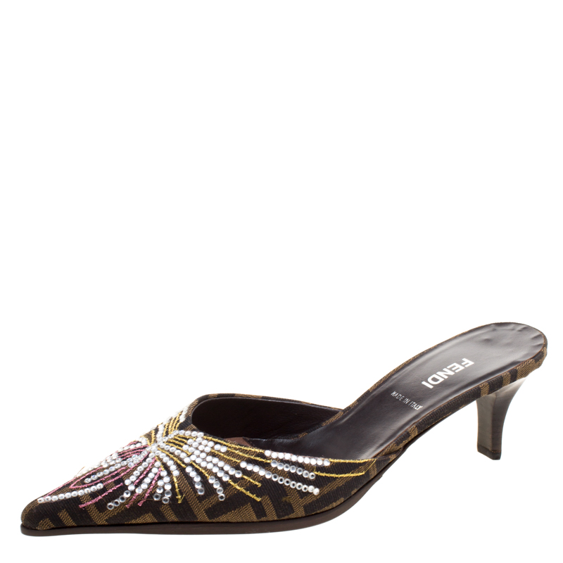 Pre Owned Fendi Crystal Embellished Embroidered Zucca Canvas Pointed Toe Mules Size 39