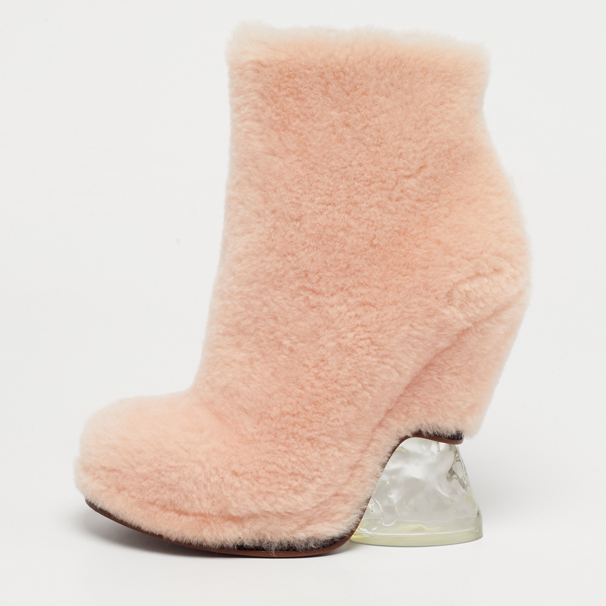 Pre-owned Fendi Light Pink Shearling Ice Heel Ankle Boots Size 38