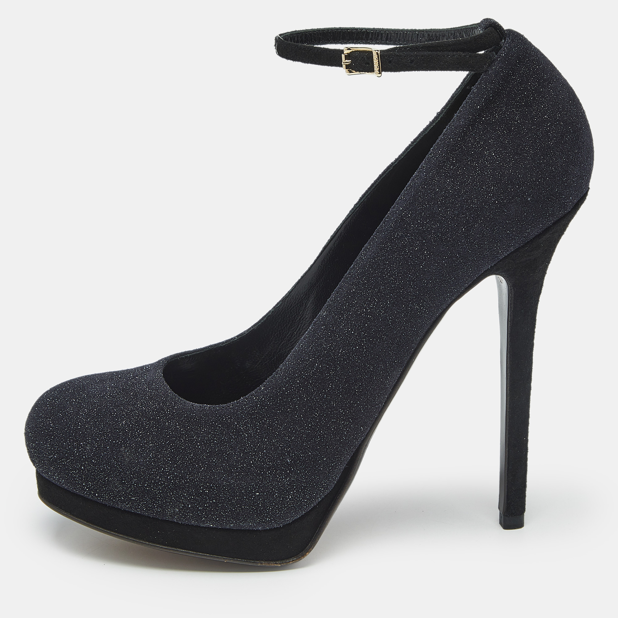 Pre-owned Fendi Black Glitter Suede Ankle Strap Platform Pumps Size 40