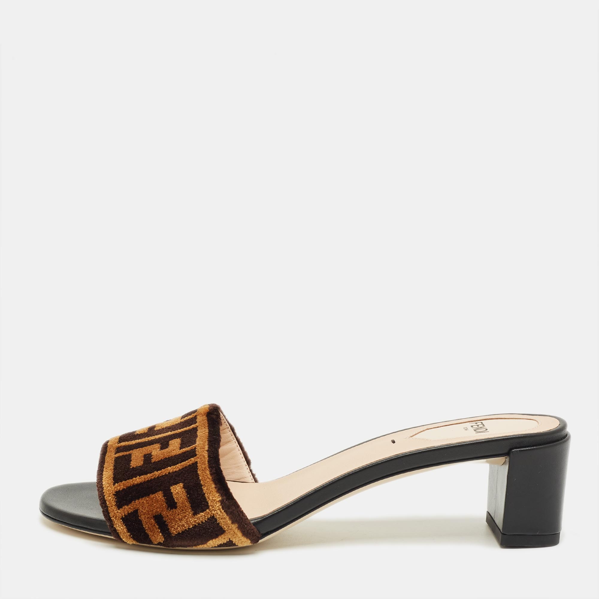 Pre-owned Fendi Brown Velvet Ff Logo Zucca Slide Sandals Size 37.5