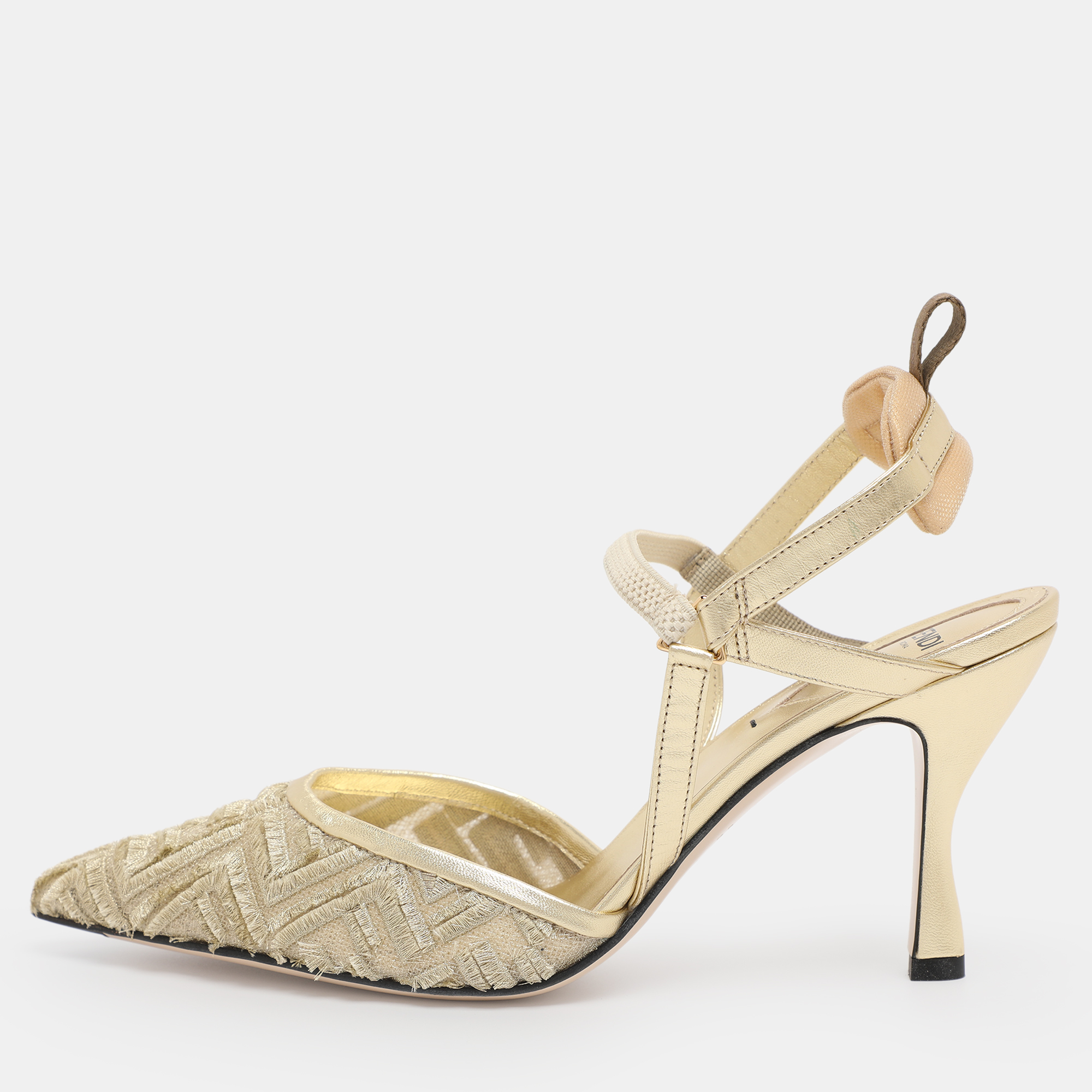 

Fendi Gold Jacquard and Mesh Colibri Slingback Sandals Size 39