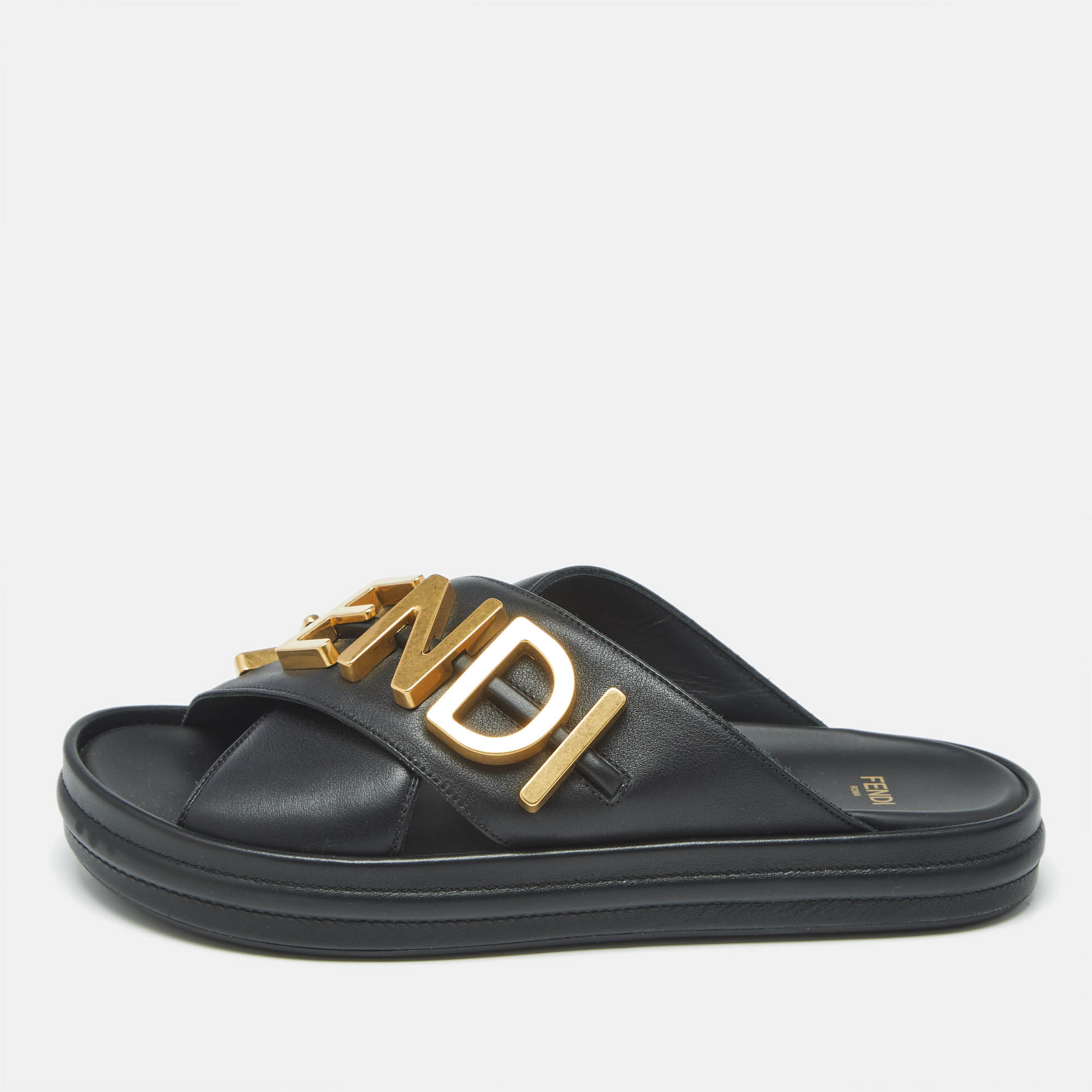

Fendi Fendigraphy Size  Black Leather Flat Slide