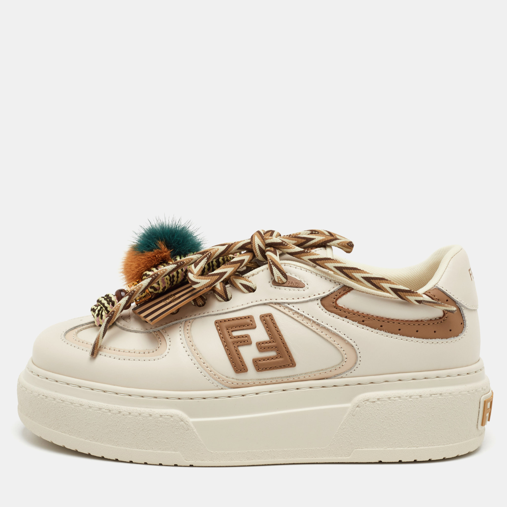 

Fendi Match Charm Size  Cream/Brown Leather Platform Low Top Sneakers