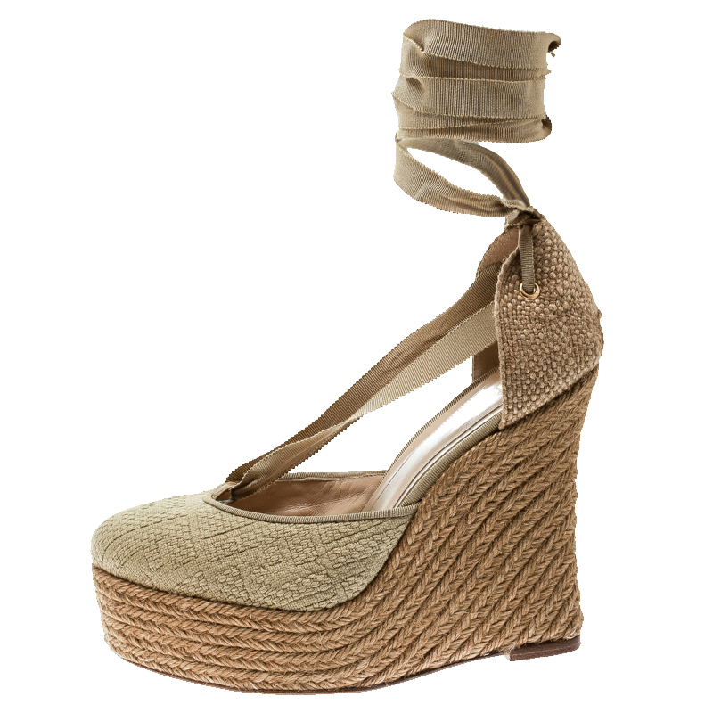 

Fendi Beige Monogram Canvas Espadrille Wedge Ankle Wrap Platform Pumps Size