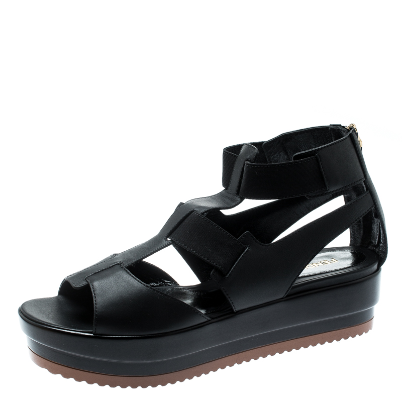 Fendi Black Leather Platform Ankle Strap Sandals Size 40