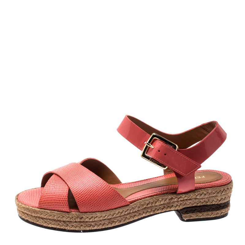 

Fendi Pink Lizard Embossed Leather Hydra Cross Strap Espadrille Platform Sandals Size