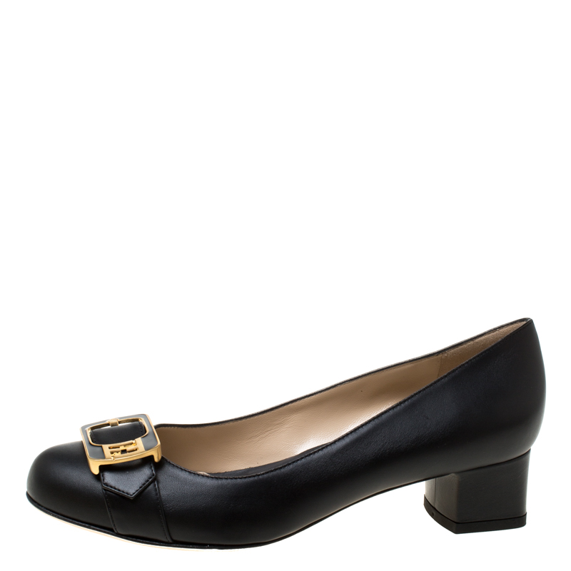 

Fendi Black Leather Buckle Block Heel Pumps Size