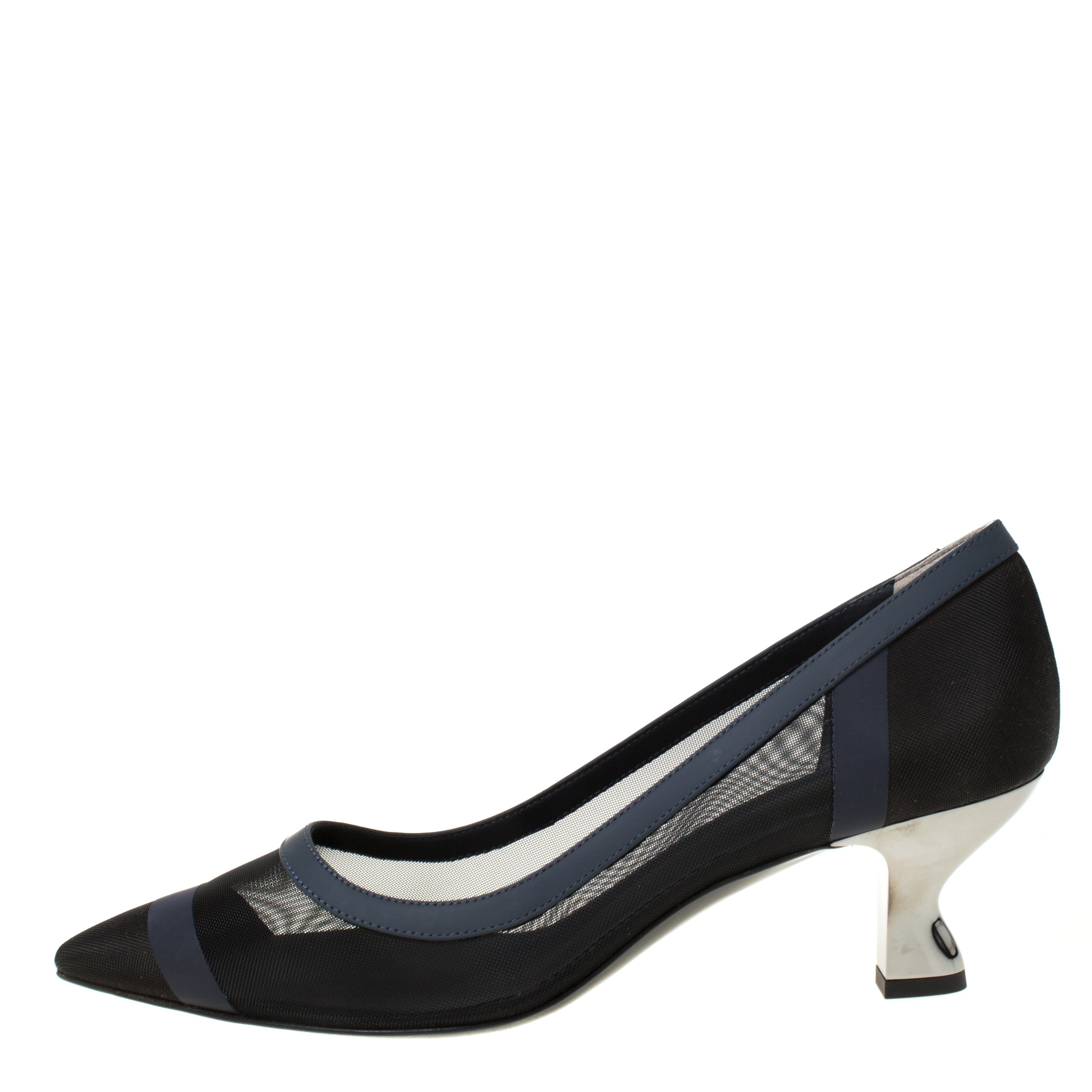 

Fendi Navy Blue/Black Mesh And Leather Colibri Pointed Toe Pumps Size