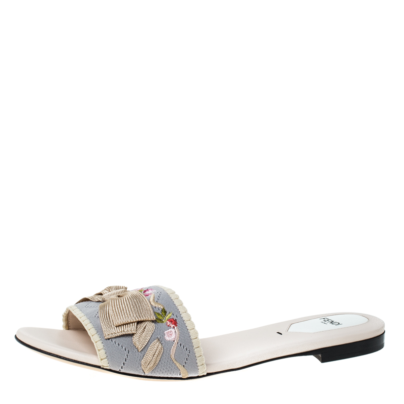 Fendi Grey Embroidered Stretch Knit Fabric Bow Embellished Flat Slides ...