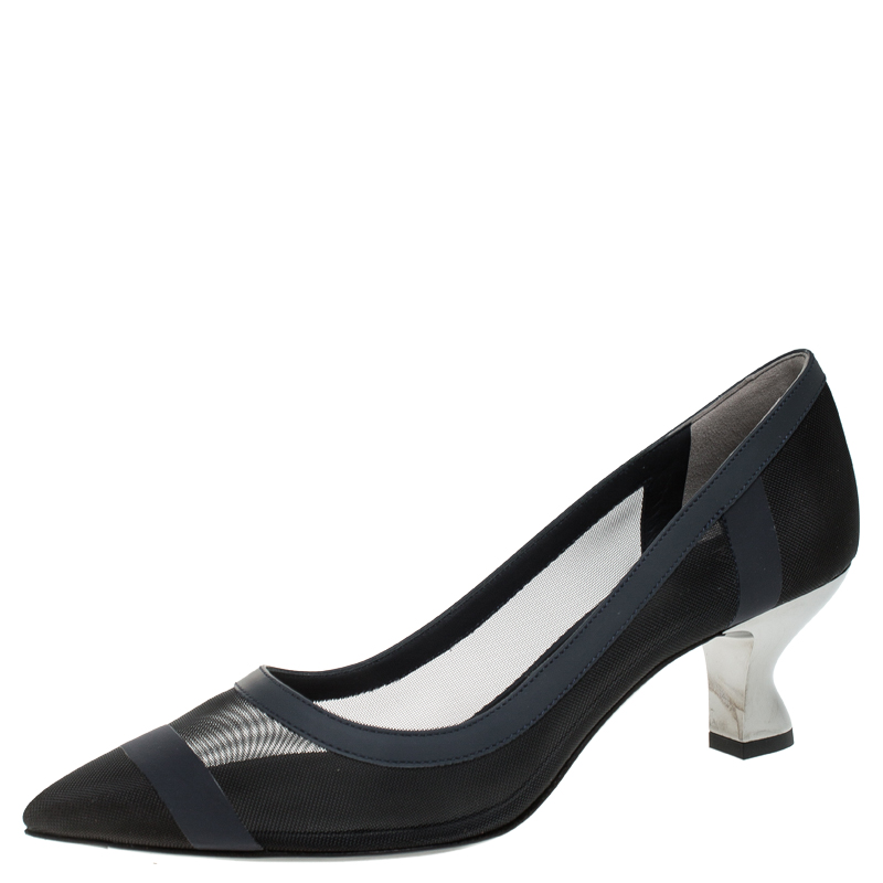 Pre Owned Fendi Blue/Black Mesh And Leather Colibrì Pointed Toe Pumps Size 38