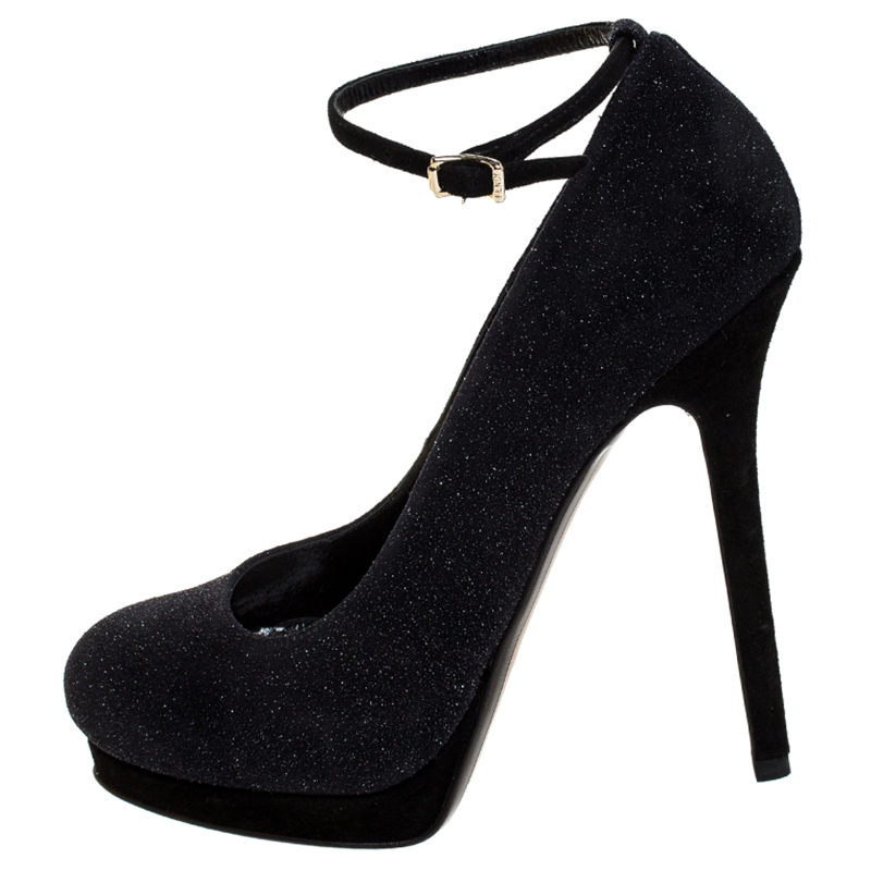 

Fendi Black Glitter Suede Platform Ankle Strap Pumps Size