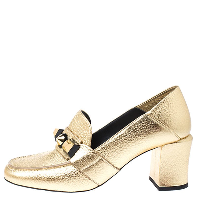 

Fendi Gold textured Leather Geometric Stud Loafer Pumps Size