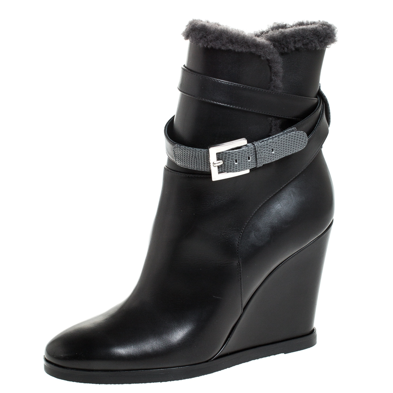 Fendi Black Leather And Fur Trim Wedge Ankle Boots Size 40 Fendi | TLC