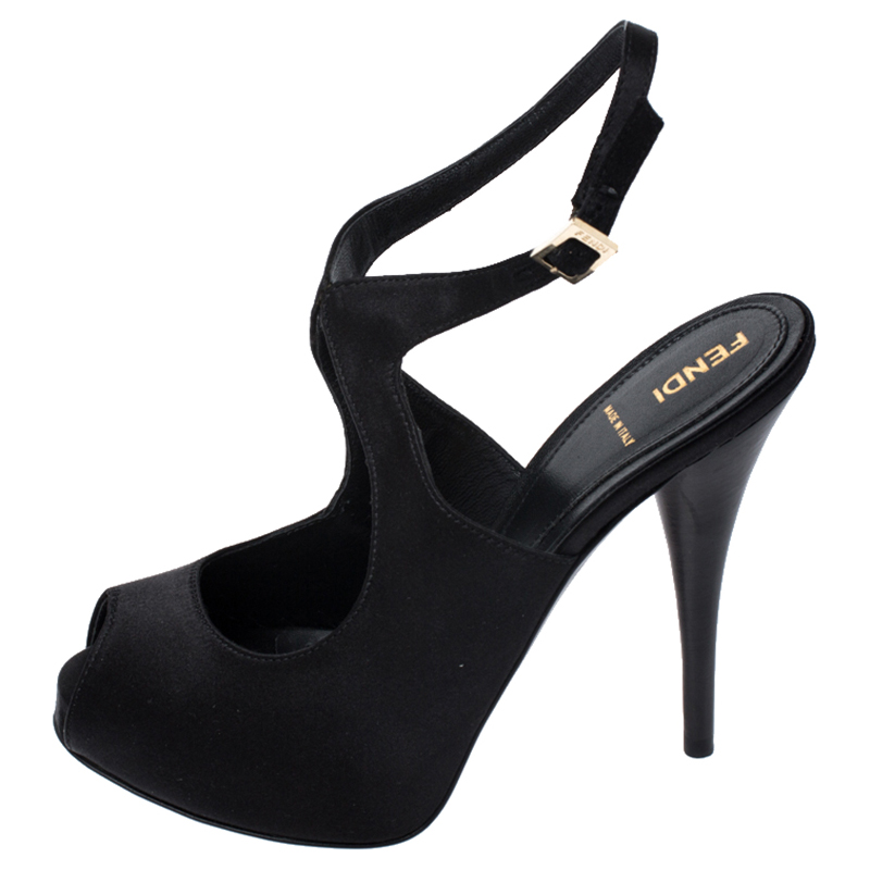 

Fendi Black Satin Slingback Peep Toe Platform Sandals Size