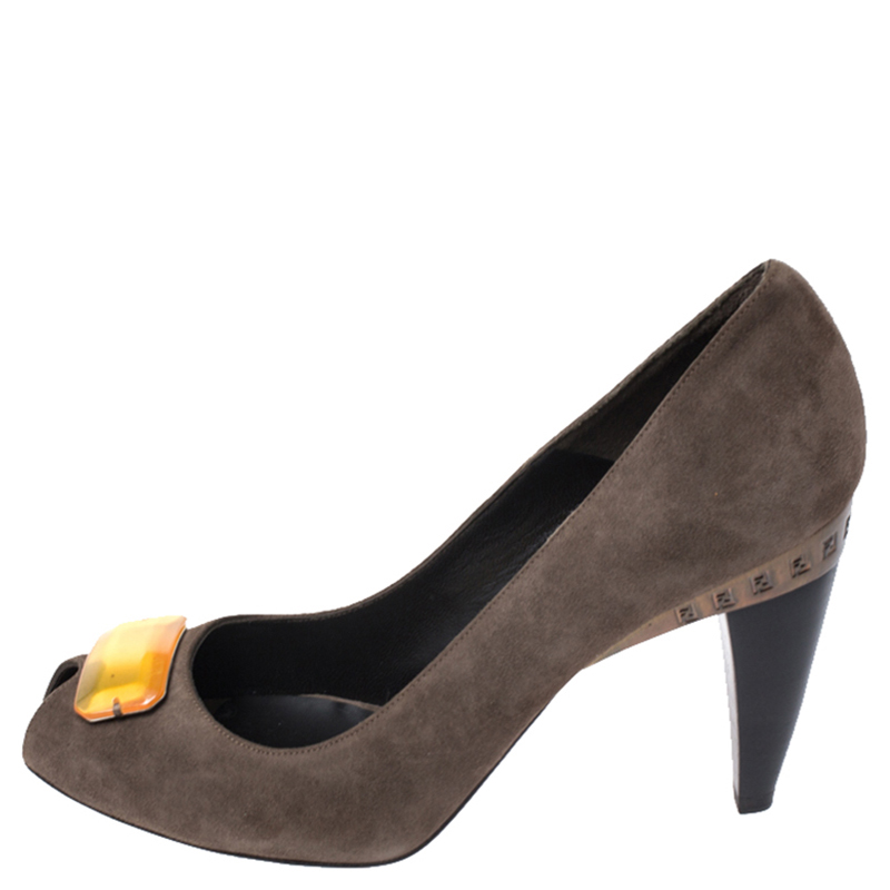 

Fendi Brown Suede Crystal Embellished Peep Toe Pumps Size