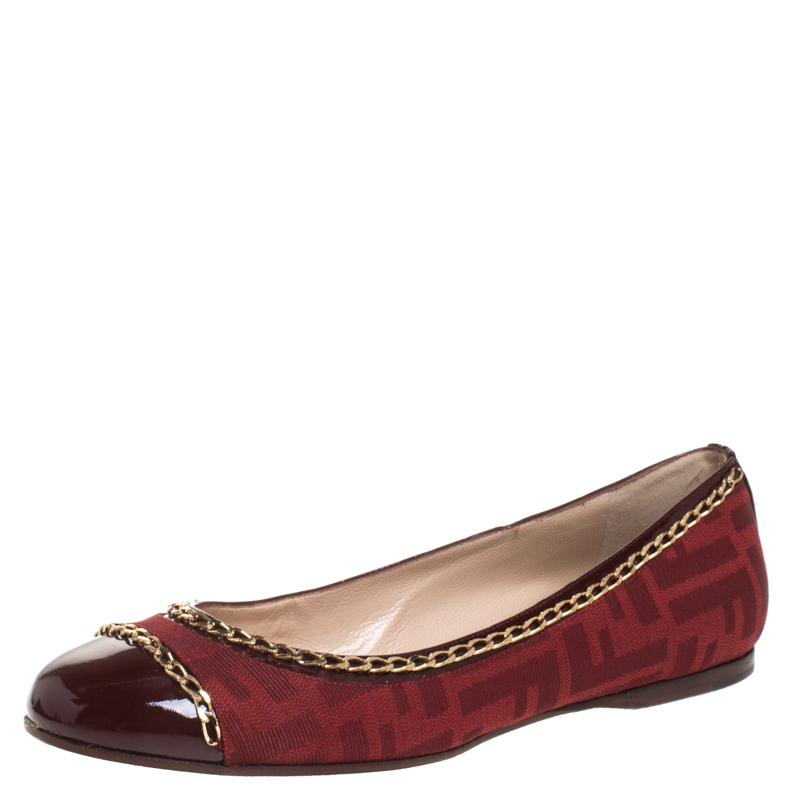 Pre Owned Fendi Red Zucca Canvas And Patent Cap Toe Chain Link Embellished Ballet Flats Size 38.5