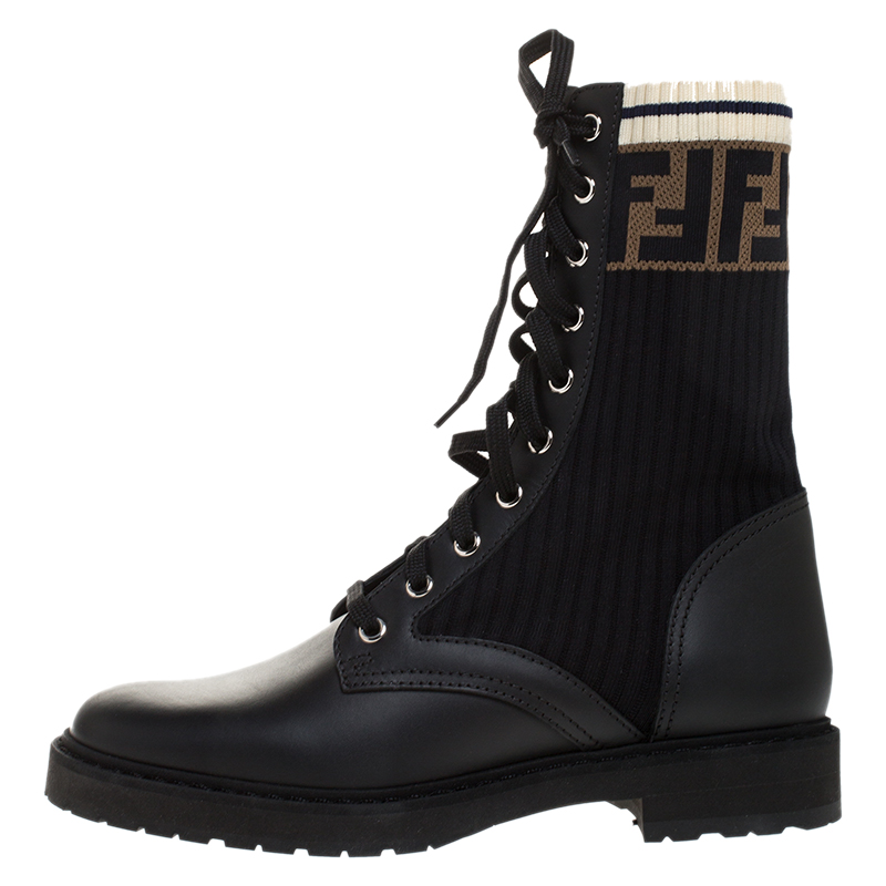 

Fendi Black Leather And FF Motif Detail Stretch Fabric Rockoko Combat Boots Size