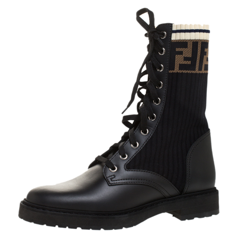 Pre-owned Fendi Black Leather And Ff Motif Detail Stretch Fabric Rockoko Combat Boots Size 38