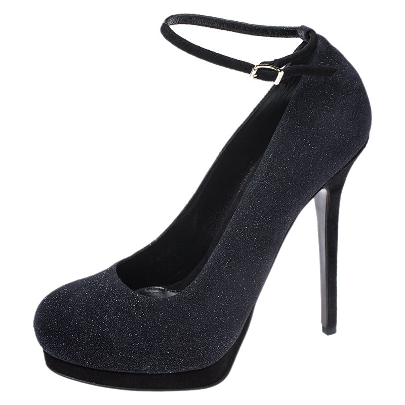 

Fendi Blue/Black Glitter Suede Platform Ankle Strap Pumps Size