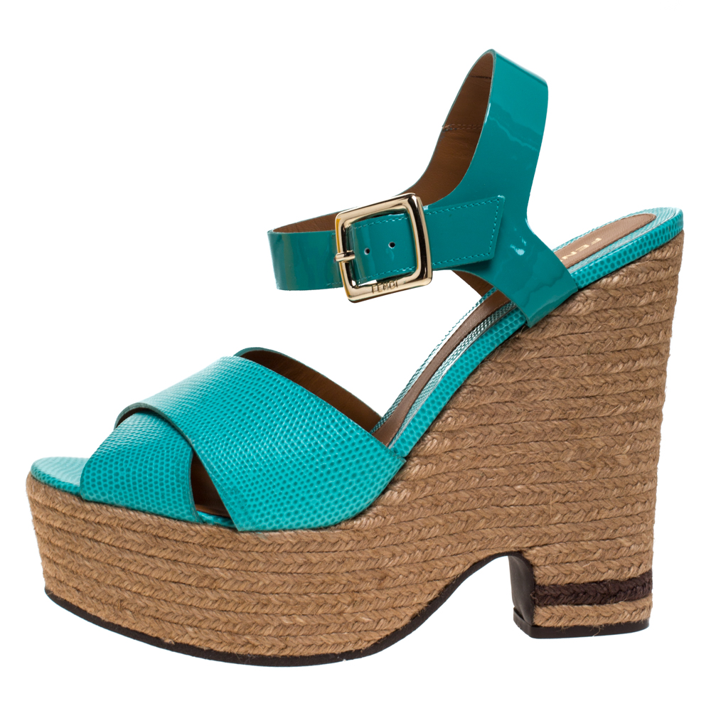 

Fendi Green Patent And Lizard Leather Wedge Espadrille Platform Ankle Strap Sandals Size