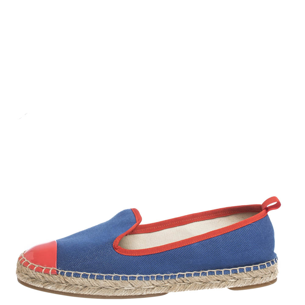 

Fendi Blue Canvas And Pink Patent Leather Espadrille Cap Toe Flats Size