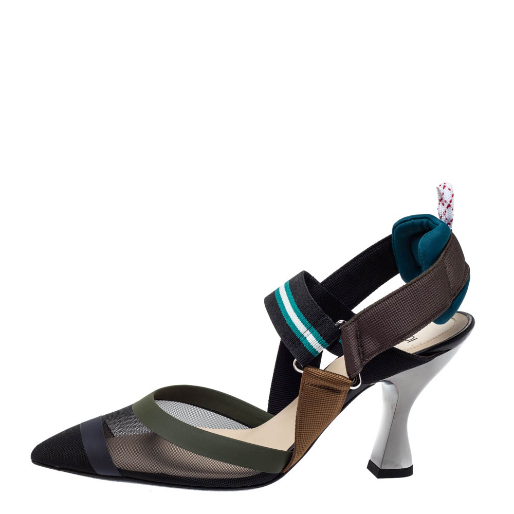 

Fendi Multicolor Technical Mesh And Fabric Colibri Slingback Pointed Toe Sandals Size