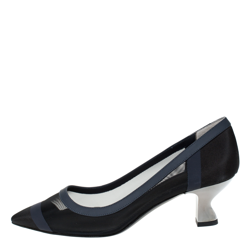 

Fendi Navy Blue/Black Mesh And Leather Trim Colibri Pointed Toe Pumps Size