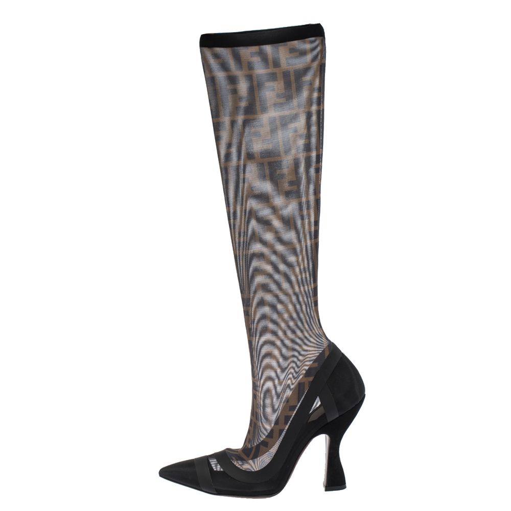 

Fendi Black FF Mesh And Leather Trim Knee Length Pointed Toe Boots Size, Brown