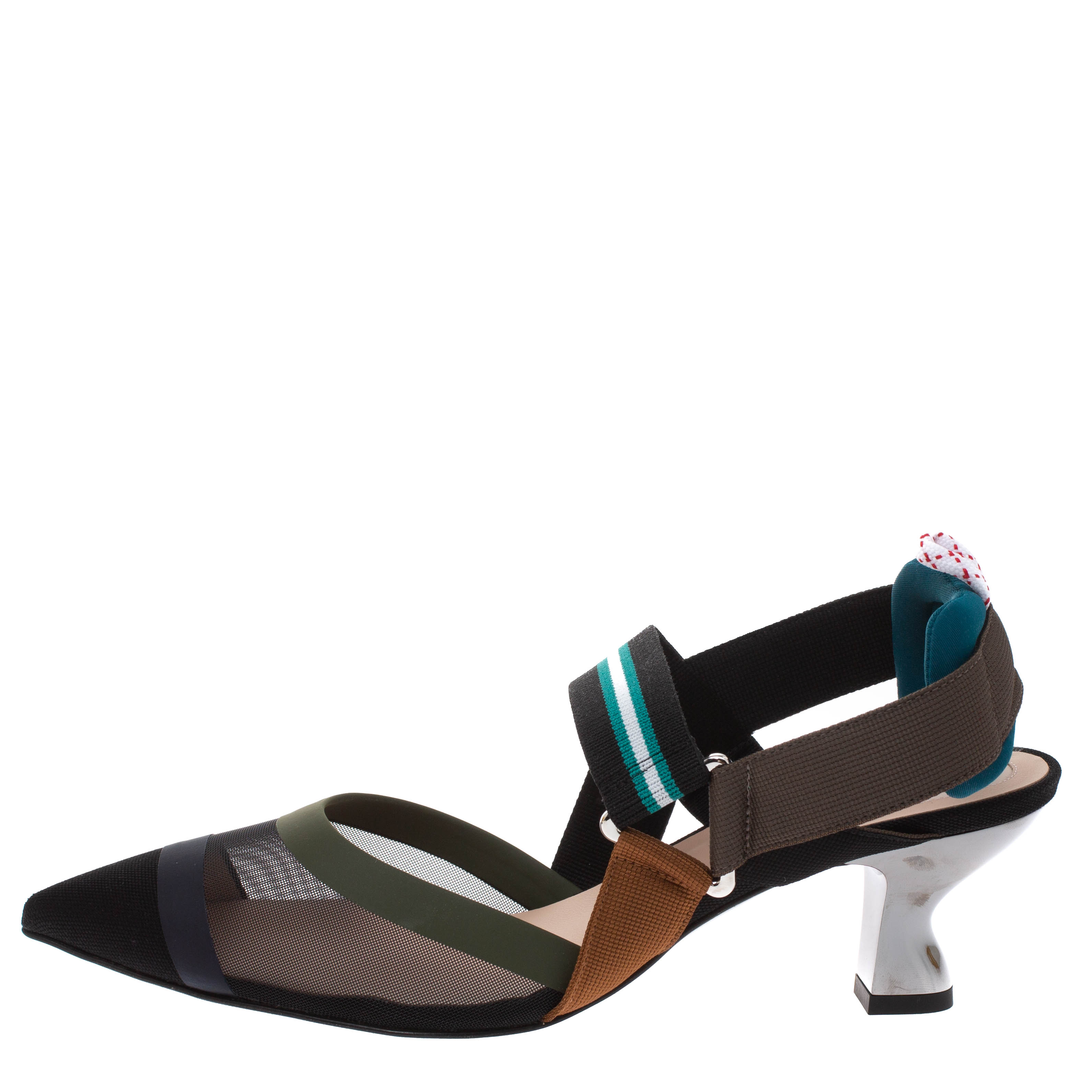 

Fendi Multicolor Mesh And Fabric Colibri Slingback Pointed Toe Sandals Size