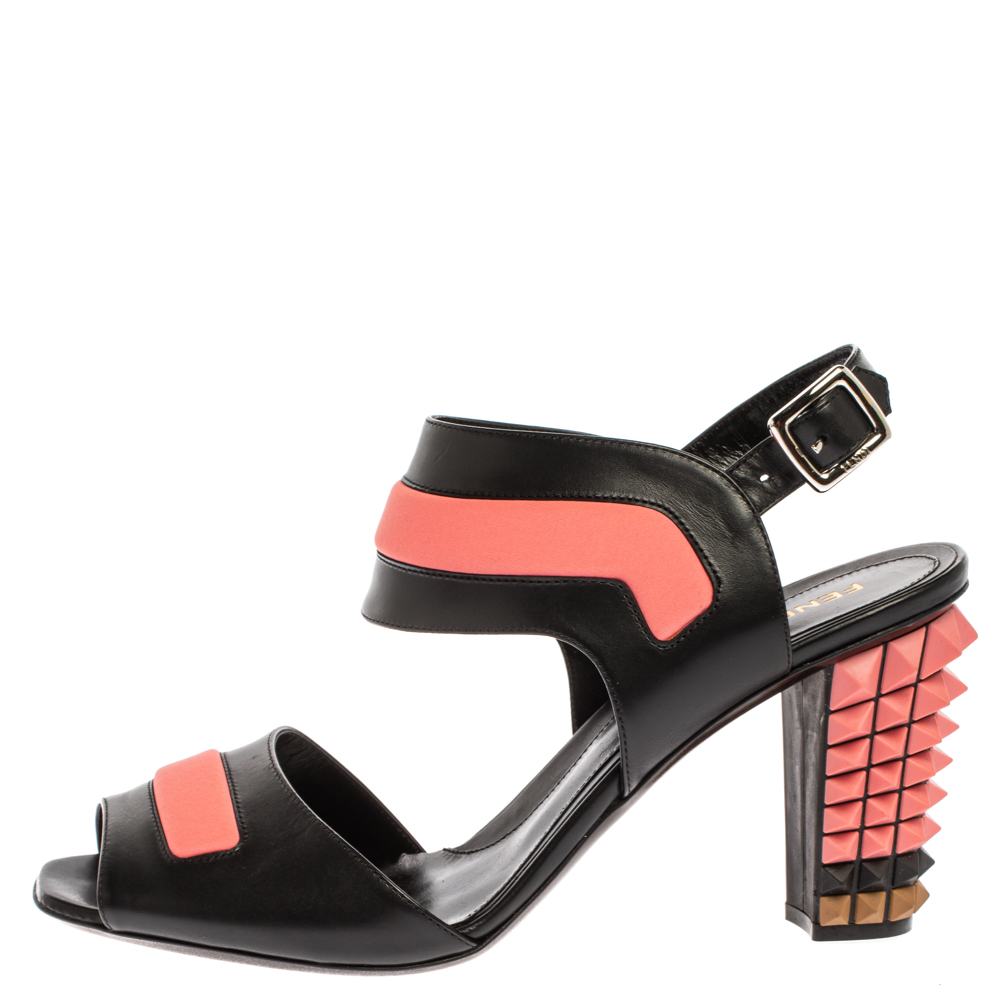 

Fendi Black/Pink Leather Polifonia Studded Ankle Strap Sandals Size