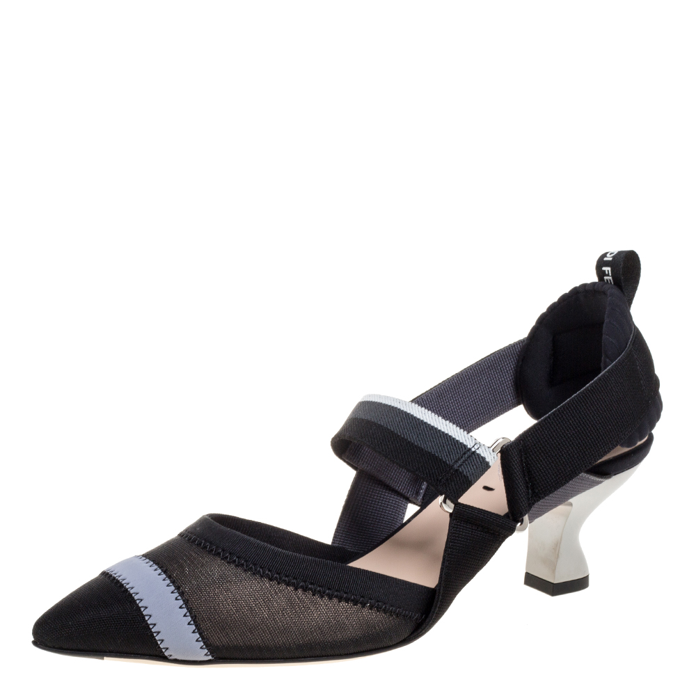 مملوكة مسبقًا Fendi Black Mesh And Fabric Colibri Slingback Pointed Toe Sandals Size 37
