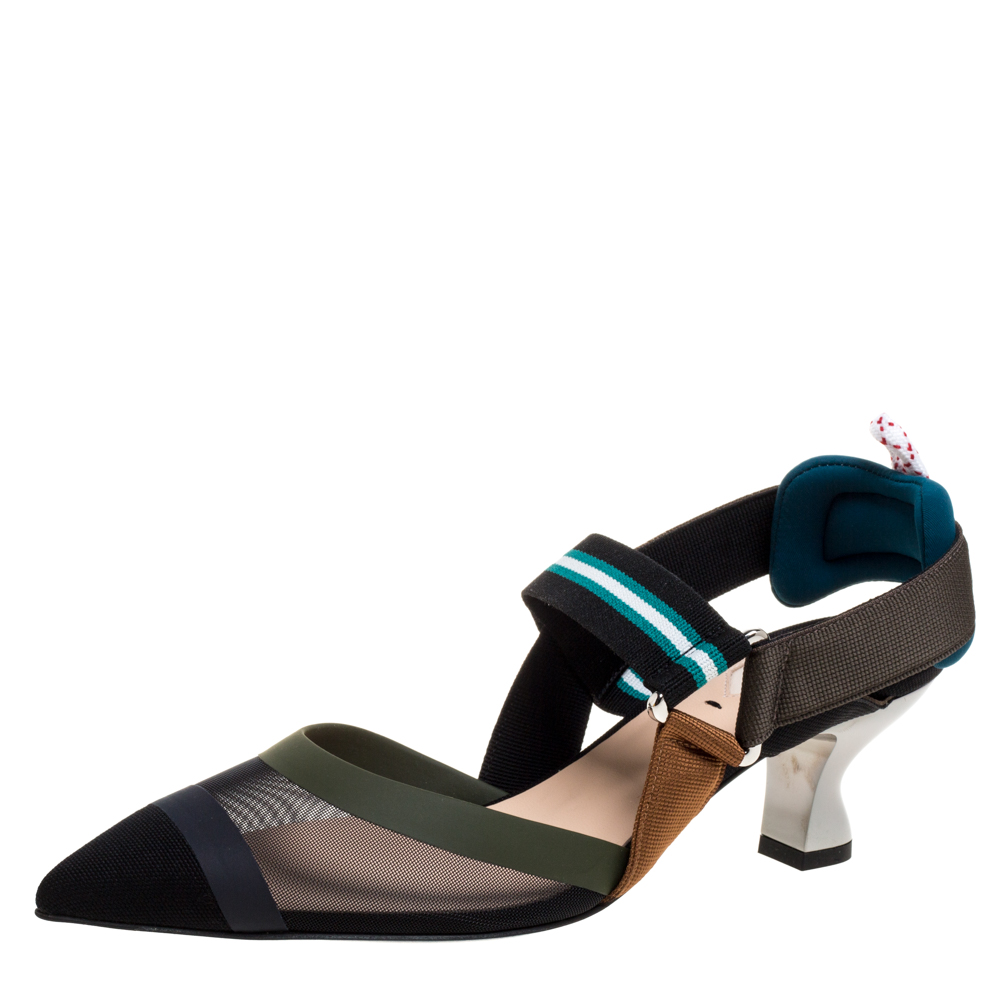 Pre Owned Fendi Multicolor Mesh And Fabric Colibri Slingback Pointed Toe Sandals Size 37