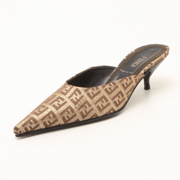Fendi Brown Zuchino Pointed Toe Small Heel Slides Size 35