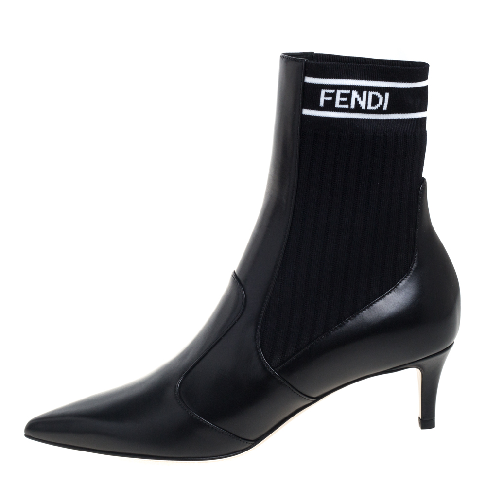 

Fendi Black Leather And Knit Fabric Rockoko Pointed Toe Ankle Booties Size