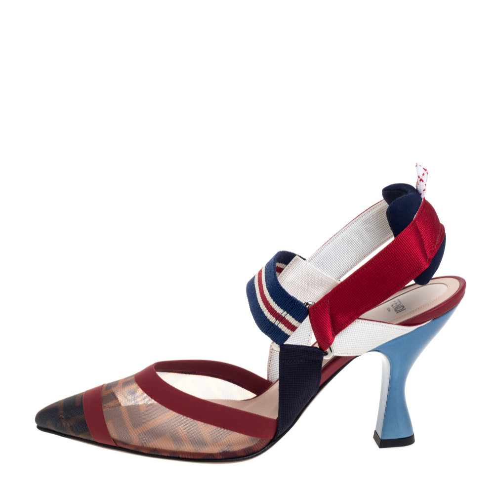 

Fendi Multicolor FF Print Mesh And Nylon Colibri Slingback Sandals Size